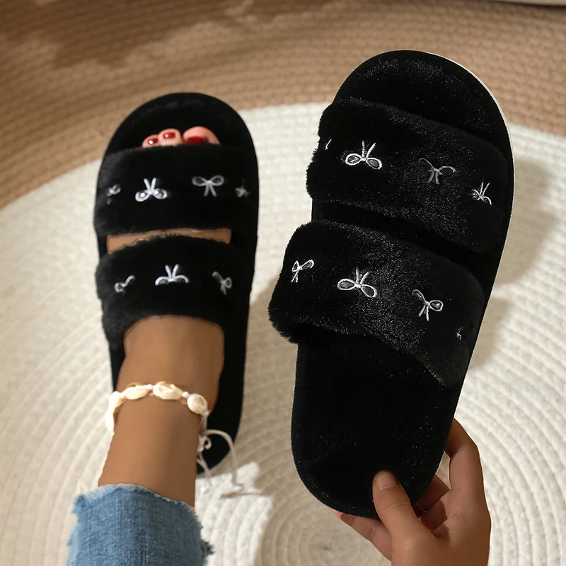 Korean Lifestyle Aesthetic - ファッションボウ刺繍ふわふわスリッパ レディース ブランドデザイン オープン トゥ プラットフォーム