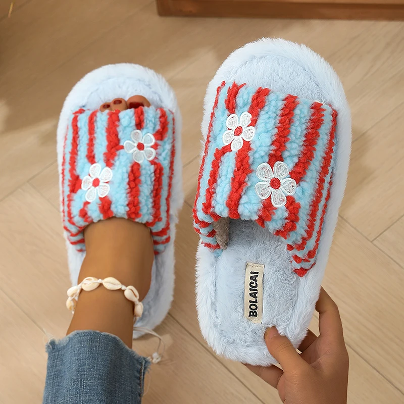花柄刺繍ストライププラッシュスリッパ レディース ファッショ - Korean Lifestyle Aesthetic のレビューと価格