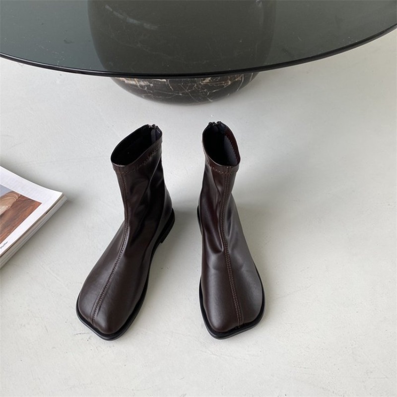 レディース秋物本革スクエアトゥデザイナーファッションブーツ、 - Korean Lifestyle Aesthetic のレビューと価格