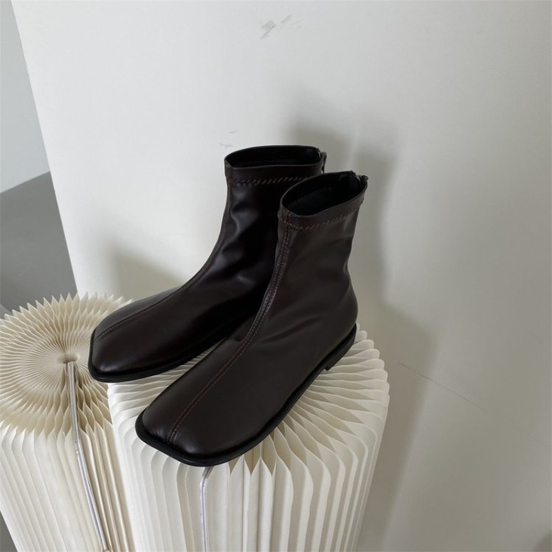 レディース秋物本革スクエアトゥデザイナーファッションブーツ、 - Korean Lifestyle Aesthetic のレビューと価格